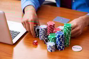 A man in a blue shirt is organizing stacks of colorful poker chips in front of a laptop on a wooden desk, representing online gambling activities