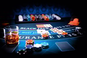Close-up of a blackjack table with cards, poker chips, and a glass of whiskey