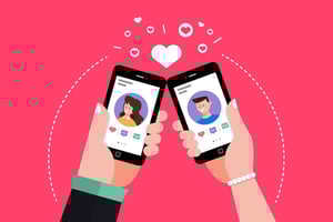 A man and woman holding smartphones with dating app profiles