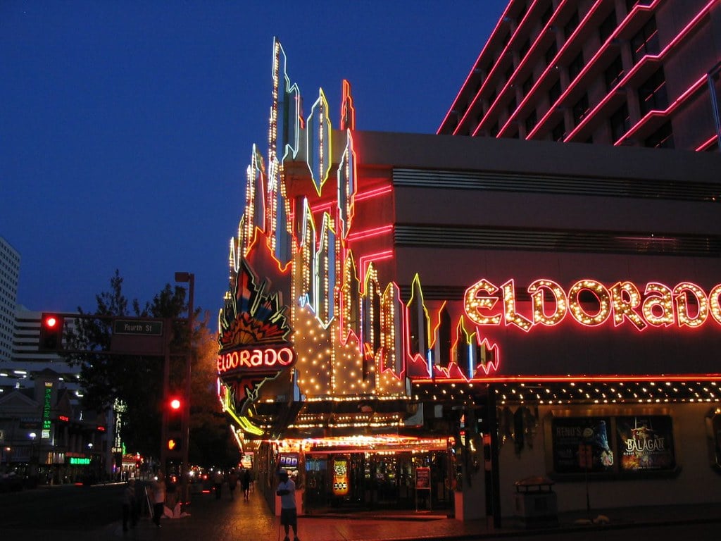 Neon lights of the ElDorado casino in Reno at night.