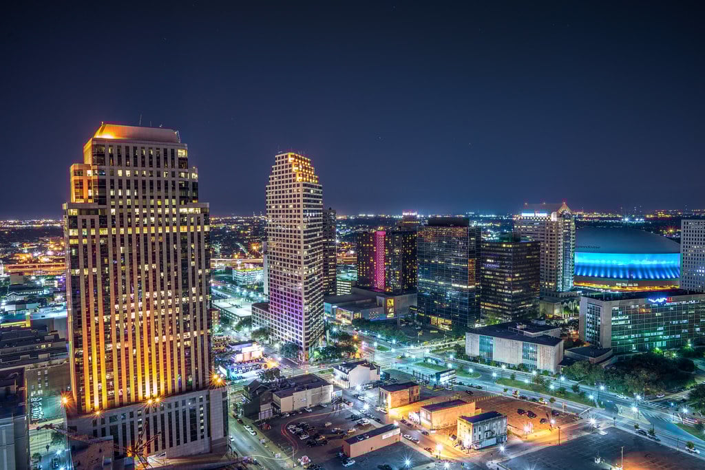 New Orleans skyline at night.