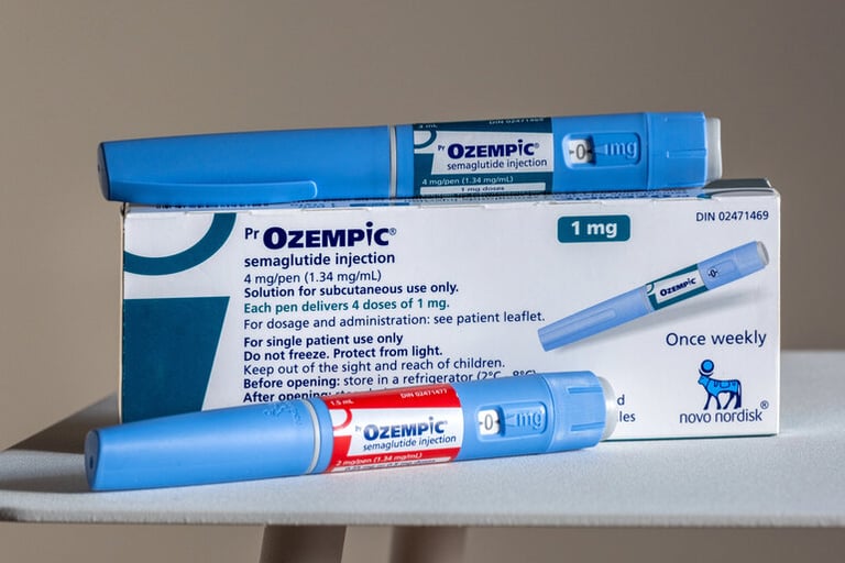 Ozempic (semaglutide) injection pens and packaging showing a 1 mg once-weekly dose, commonly associated with ordering Ozempic from Canada.