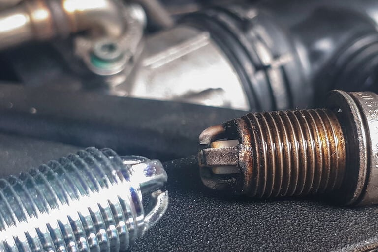 Close-up comparison of new and worn spark plugs, highlighting a practical DIY engine upgrade that improves performance and responsiveness