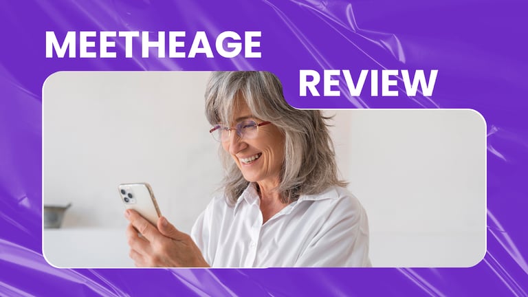 Smiling woman using her smartphone to explore Meetheage, a safe online platform for meaningful connections and conversations