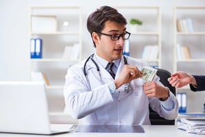 A couple discussing medical expenses with a doctor handing over cash, symbolizing healthcare costs and financial conversations