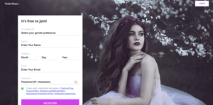 VioletDates dating site signup page with female profile image and registration form interface