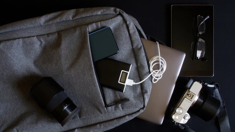 Close-up of everyday carry including phone, powerbank