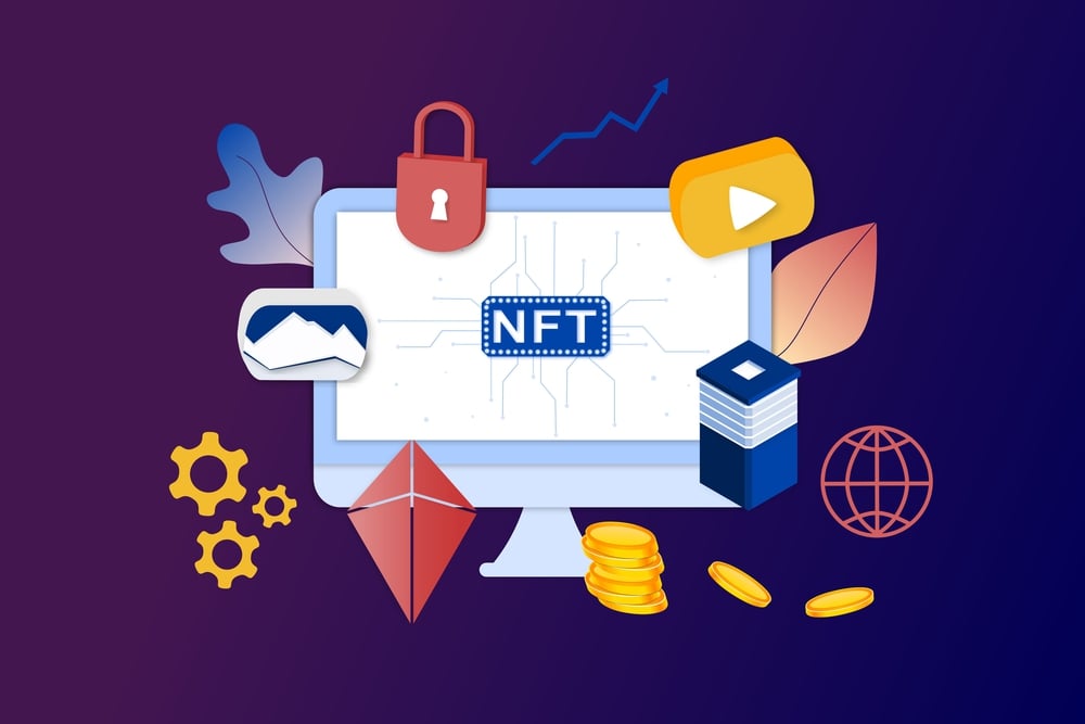 NFT graphic on a computer screen with digital media and token icons