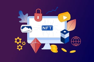 NFT graphic on a computer screen with digital media and token icons