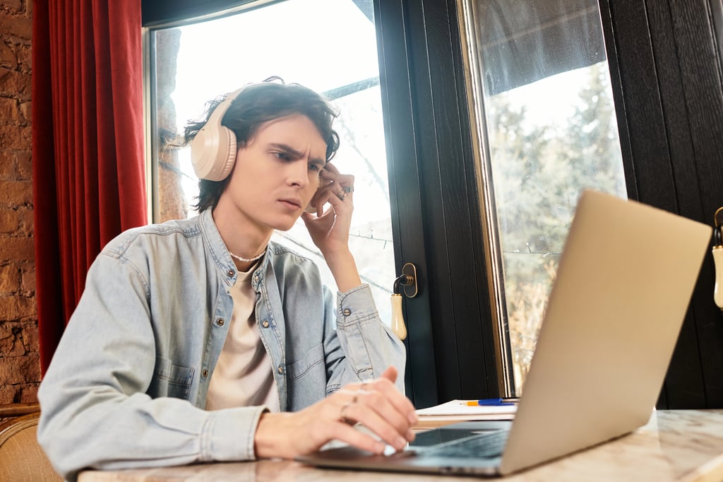 A man wearing headphones focuses on his laptop while listening to a podcast.