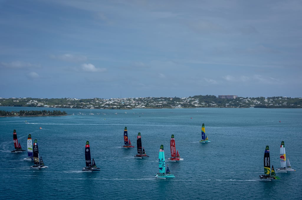 Red Bull Italy SailGP Team driven by Phil Robertson leads the SailGP F50 catamaran fleet in action on Race Day 1 of the Apex Group Bermuda Sail Grand Prix in Bermuda on Saturday, 9 May, 2026. Rolex SailGP Championship Event 5 2026 Season.