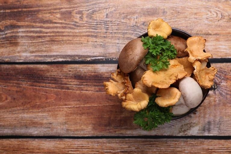 A functional mushroom drink prepared in a modern kitchen.