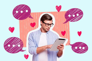 Man using a tablet surrounded by chat and heart icons, representing finding someone on a dating app and online communication.